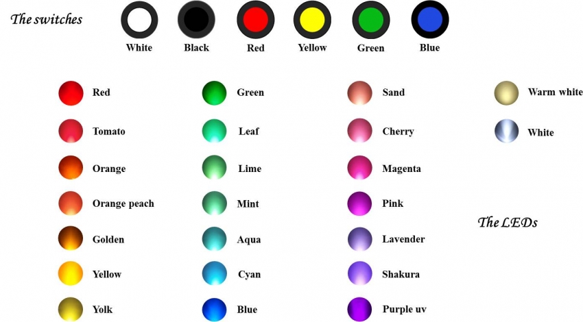 the different available colors for the leds and switches